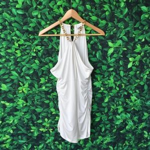 Cache White Dress with Ruching and Gold Halter